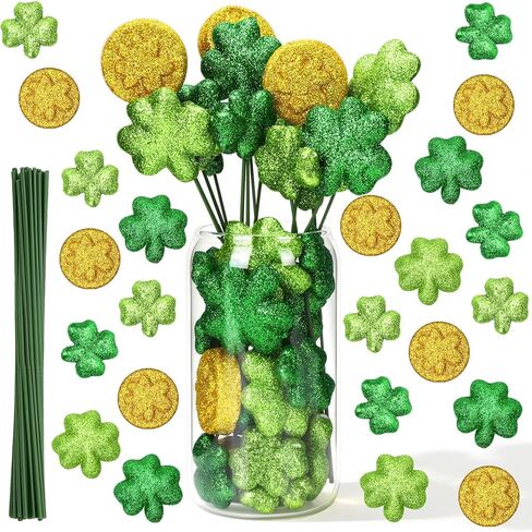 32 Pcs St. Patrick's Day Glitter Foam Vase Fillers with Wire Sticks, St. Patrick's Day Sensory Bin Foam Decor Shamrock Gold Coin Decorations for Festive Home Décor in Saudi Arabia