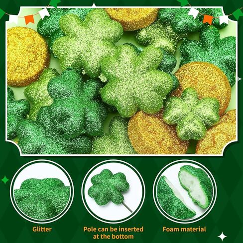 32 Pcs St. Patrick's Day Glitter Foam Vase Fillers with Wire Sticks, St. Patrick's Day Sensory Bin Foam Decor Shamrock Gold Coin Decorations for Festive Home Décor in Saudi Arabia