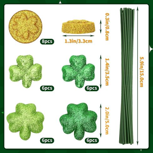32 Pcs St. Patrick's Day Glitter Foam Vase Fillers with Wire Sticks, St. Patrick's Day Sensory Bin Foam Decor Shamrock Gold Coin Decorations for Festive Home Décor in Saudi Arabia