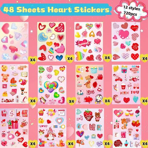 720Pcs Valentines Stickers for Kids, 48 Sheets Colorful Heart Stickers for Valentines Day Party Favors Supplies, Love Valentine's Gift for Decorative Scrapbooking Envelope Wedding Goodie Bags Cards in Saudi Arabia