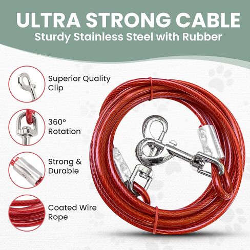 Chew-Proof Red Dog Leash – 10ft Steel Cable Tie-Out for Yard or Camping – Heavy Duty for Small to Large Dogs in Saudi Arabia
