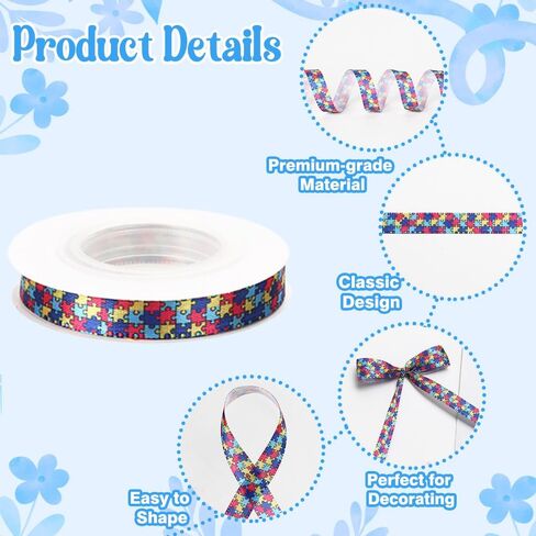 Autism Awareness Ribbon 3/8 Inch 10 Yard Puzzle Pieces Ribbon Grosgrain Autism Awareness Month Accessories Decorations Products for Gift Wrapping Wreath Hair Bows Making DIY Craft Party Supplies in Saudi Arabia
