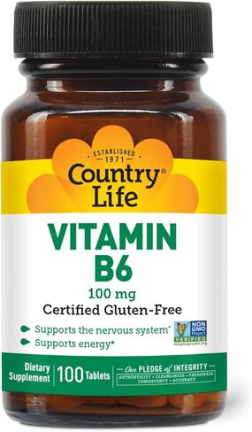 Country Life Vitamin B-6, Supports Energy and The Nervous System, 100mg, 100 Vegan Capsules, Certified Gluten Free, Certified Vegan, Certified Halal, Non-GMO Verified in Kuwait