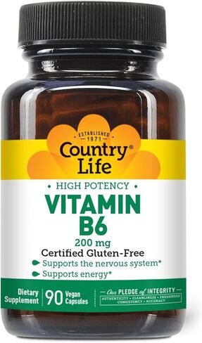 Country Life Vitamin B-6, Supports Energy and The Nervous System, 100mg, 100 Vegan Capsules, Certified Gluten Free, Certified Vegan, Certified Halal, Non-GMO Verified in Saudi Arabia
