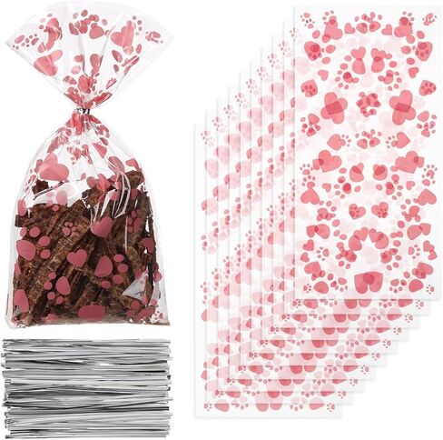 Comtim 100 Pieces Dog Treat Bags Pet Paw Heart Print Cellophane Bags with 100 Pieces Silver Twist Ties for Dog Cat Treat Party Favor, Blue in Saudi Arabia