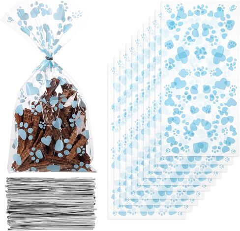 Comtim 100 Pieces Dog Treat Bags Pet Paw Heart Print Cellophane Bags with 100 Pieces Silver Twist Ties for Dog Cat Treat Party Favor, Blue in Saudi Arabia