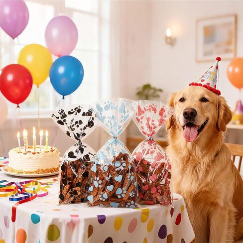 Comtim 100 Pieces Dog Treat Bags Pet Paw Heart Print Cellophane Bags with 100 Pieces Silver Twist Ties for Dog Cat Treat Party Favor, Blue in Saudi Arabia