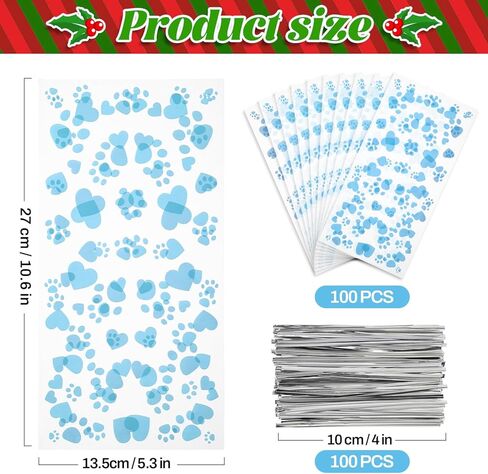 Comtim 100 Pieces Dog Treat Bags Pet Paw Heart Print Cellophane Bags with 100 Pieces Silver Twist Ties for Dog Cat Treat Party Favor, Blue in Saudi Arabia