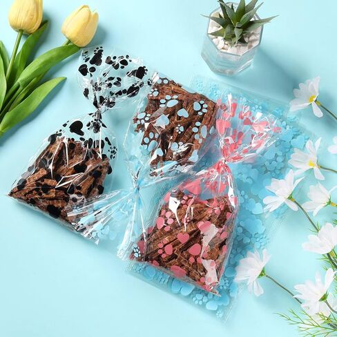 Comtim 100 Pieces Dog Treat Bags Pet Paw Heart Print Cellophane Bags with 100 Pieces Silver Twist Ties for Dog Cat Treat Party Favor, Blue in Saudi Arabia