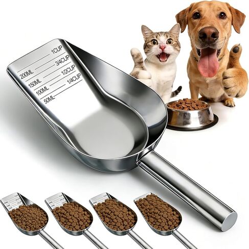 Mity rain Dog Food Scoop Stainless Steel with Long Handle, Precise Dog Food Measuring Cup 1, 3/4, 1/2, 1/4 Cup, Pet Scoop for Dogs, Cats, Rabbits, Animals, Metal Spoon for Dog Food Storage in Saudi Arabia