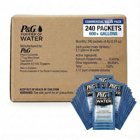 P&G Purifier of Water Portable Water Purifier Packets (240 Packets) - Emergency Water Filter Purification Powder for Emergency Kit, Survival, Camping, Hiking, Backpacking, and Disaster Preparedness in Kuwait