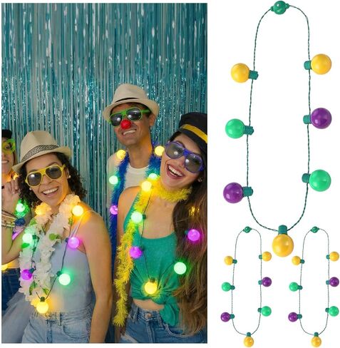 Estune 3 Pcs LED Mardi Gras Bead Necklaces 40 Inch Green Purple Gold Jumbo Globe Bulbs Disco Light up Carnival Necklace Mardi Gras Party Decorations, 3 Light Modes, Battery Operated in Saudi Arabia