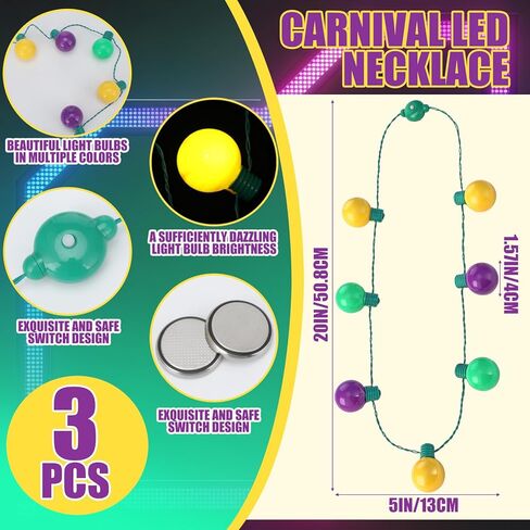 Estune 3 Pcs LED Mardi Gras Bead Necklaces 40 Inch Green Purple Gold Jumbo Globe Bulbs Disco Light up Carnival Necklace Mardi Gras Party Decorations, 3 Light Modes, Battery Operated in Saudi Arabia