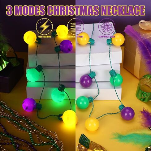 Estune 3 Pcs LED Mardi Gras Bead Necklaces 40 Inch Green Purple Gold Jumbo Globe Bulbs Disco Light up Carnival Necklace Mardi Gras Party Decorations, 3 Light Modes, Battery Operated in Saudi Arabia