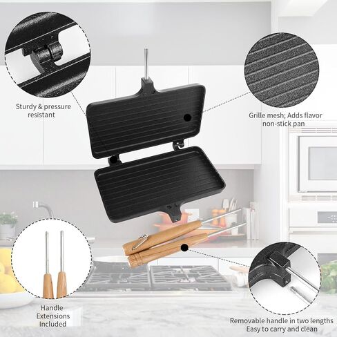 OUKENS Double Pie Iron for Camping, Non-Stick Cast Iron Sandwich Maker with Removable Handles for Campfire, Grill & Stove, Portable Mountain Pie Campfire press for Cooking Equipment in Saudi Arabia