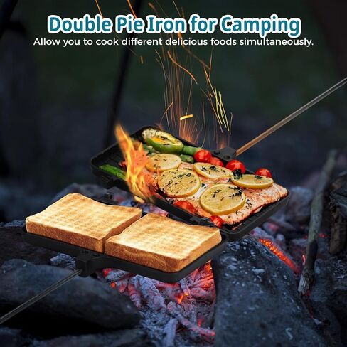 OUKENS Double Pie Iron for Camping, Non-Stick Cast Iron Sandwich Maker with Removable Handles for Campfire, Grill & Stove, Portable Mountain Pie Campfire press for Cooking Equipment in Saudi Arabia