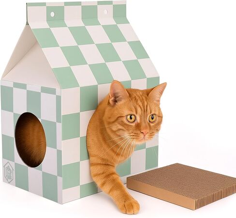 Cardboard Cat House with Scratch Pad – Durable, Eco-Friendly Hideaway, Easy Assembly, Stylish Cotton Candy Checkered Design, Indoor Pet Furniture, for Cat Lovers in Kuwait