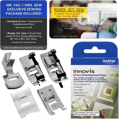 مجموعة ماكينة الخياطة المحوسبة Brother Innov-ís Pacesetter PS500 - تتضمن حزمة زينة للقدم من Brother 5 + Mr. Vac & Mrs. Sew - جاهز، جاهز، فيديو الخياطة in Kuwait