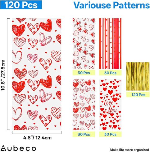 Aubeco Valentine Treat Bags, 120pcs Valentines Candy Bags with 120pcs Twist Ties for Snacks Cookies Packing, Cellophane Goodie Bags for Wedding Party Favor, 4 Styles in Saudi Arabia