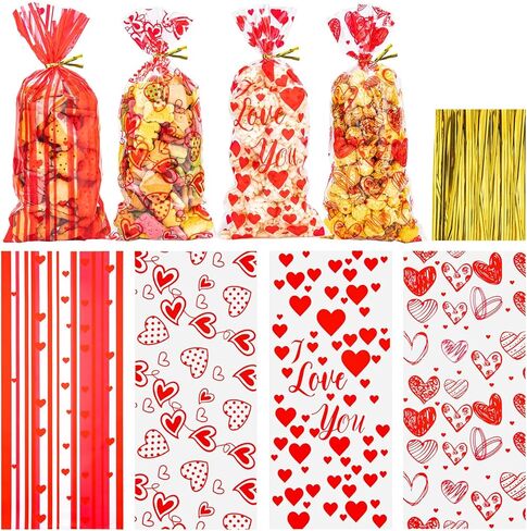 Aubeco Valentine Treat Bags, 120pcs Valentines Candy Bags with 120pcs Twist Ties for Snacks Cookies Packing, Cellophane Goodie Bags for Wedding Party Favor, 4 Styles in Saudi Arabia