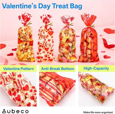 Aubeco Valentine Treat Bags, 120pcs Valentines Candy Bags with 120pcs Twist Ties for Snacks Cookies Packing, Cellophane Goodie Bags for Wedding Party Favor, 4 Styles in Saudi Arabia