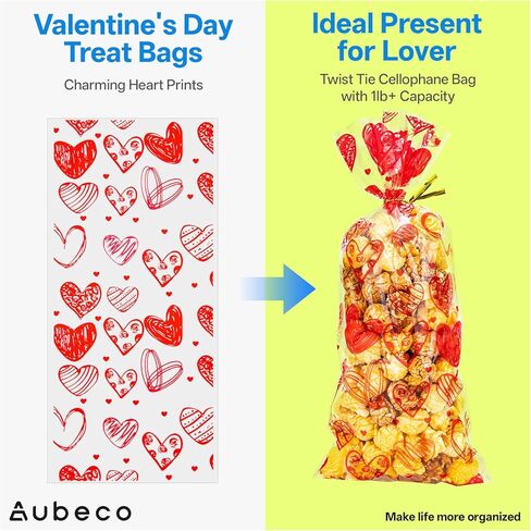 Aubeco Valentine Treat Bags, 120pcs Valentines Candy Bags with 120pcs Twist Ties for Snacks Cookies Packing, Cellophane Goodie Bags for Wedding Party Favor, 4 Styles in Saudi Arabia