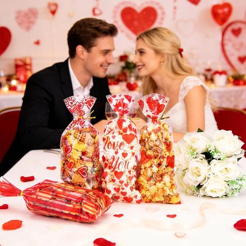 Aubeco Valentine Treat Bags, 120pcs Valentines Candy Bags with 120pcs Twist Ties for Snacks Cookies Packing, Cellophane Goodie Bags for Wedding Party Favor, 4 Styles in Saudi Arabia