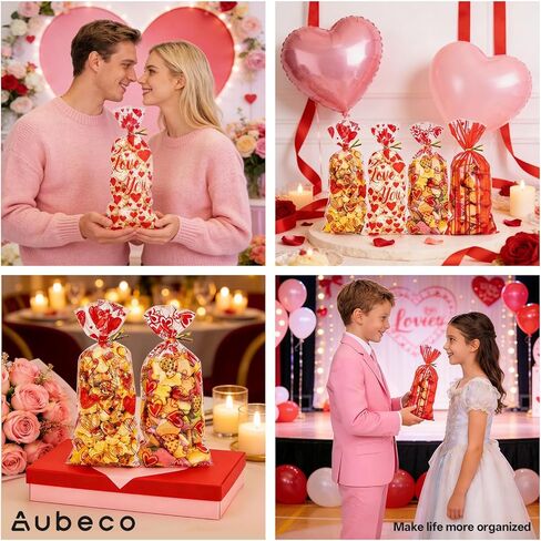 Aubeco Valentine Treat Bags, 120pcs Valentines Candy Bags with 120pcs Twist Ties for Snacks Cookies Packing, Cellophane Goodie Bags for Wedding Party Favor, 4 Styles in Saudi Arabia