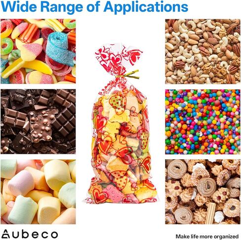 Aubeco Valentine Treat Bags, 120pcs Valentines Candy Bags with 120pcs Twist Ties for Snacks Cookies Packing, Cellophane Goodie Bags for Wedding Party Favor, 4 Styles in Saudi Arabia