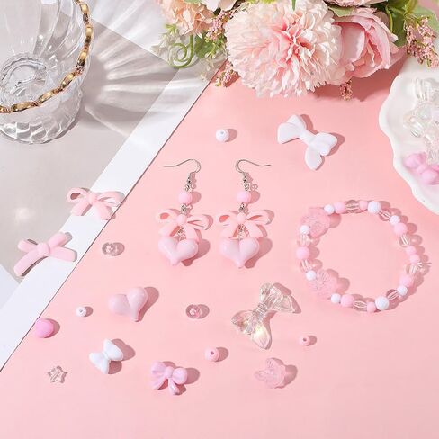SUNNYCLUE 500 قطعة 16 نمط مجموعات الخرز الوردي Bowknot الخرز الاكريليك القوس سحر الحب الحلو رومانسية Kawaii القلب نجمة زهرة الفواصل المستديرة لصنع المجوهرات DIY أقراط سوار قلادة لوازم الحرف اليدوية in Kuwait