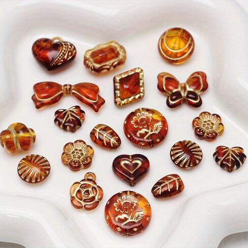 10PCS Vintage Amber Golden Smudged Beaded Rose Bow Leaf Beaded Pendant Acrylic DIY Handmade Jewelry Bracelet Necklace Earrings Stud Jewelry Accessories Materials in Saudi Arabia