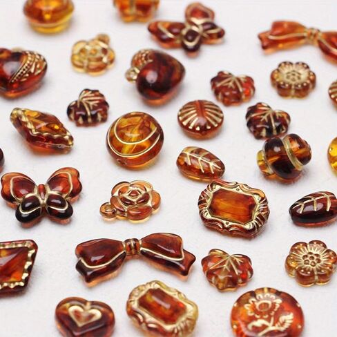 10PCS Vintage Amber Golden Smudged Beaded Rose Bow Leaf Beaded Pendant Acrylic DIY Handmade Jewelry Bracelet Necklace Earrings Stud Jewelry Accessories Materials in Saudi Arabia