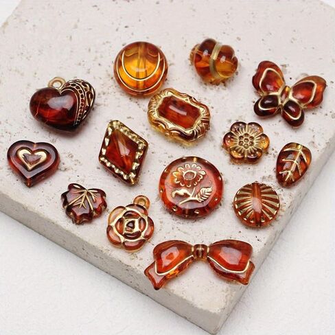 10PCS Vintage Amber Golden Smudged Beaded Rose Bow Leaf Beaded Pendant Acrylic DIY Handmade Jewelry Bracelet Necklace Earrings Stud Jewelry Accessories Materials in Saudi Arabia