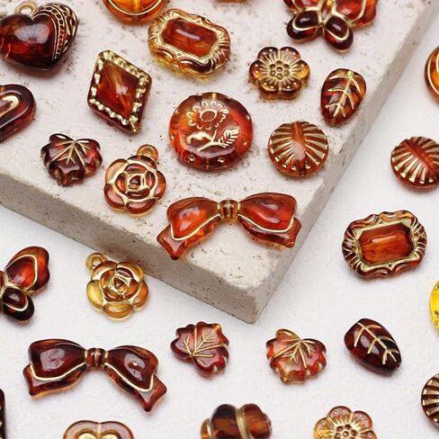 10PCS Vintage Amber Golden Smudged Beaded Rose Bow Leaf Beaded Pendant Acrylic DIY Handmade Jewelry Bracelet Necklace Earrings Stud Jewelry Accessories Materials in Saudi Arabia