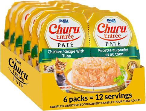 INABA Churu Entrée Pate للقطط، خالي من الحبوب، عالي البروتين والرطوبة، طعام القطط الرطب البريبايوتك، 1.23 أونصة. لكل حصة، 12 حصة، وصفة الدجاج مع التونة in Kuwait