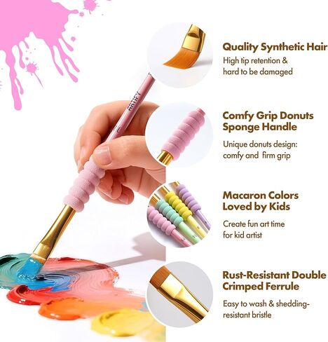 Artify Paint Brushes for Kids, 12-Sizes Paint Brush Set for Kid's Arts and Crafts, Ergonomic Donuts Handle | Macaron Colors Kids Paint Brushes, for Acrylic, Oil, Watercolor, Gouache, Paint by Numbers in Saudi Arabia