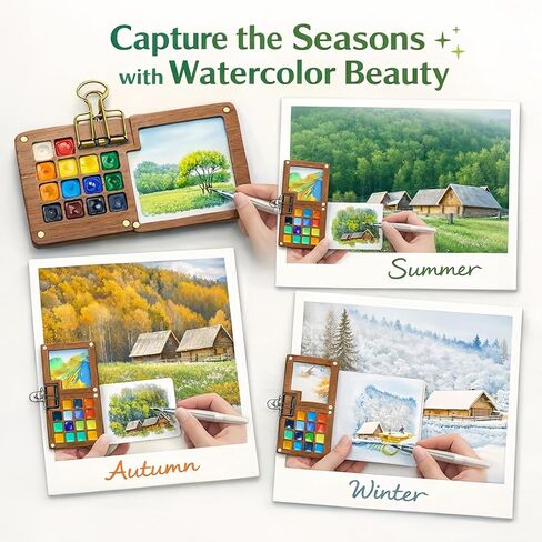 مجموعة طلاء مائية صغيرة محمولة - مجموعة مدمجة مناسبة للسفر مع فرش ألوان مائية، لوحة ألوان مائية، دفتر رسم صغير، وورق ألوان مائية للفنانين والمبتدئين وعشاق السفر in Kuwait