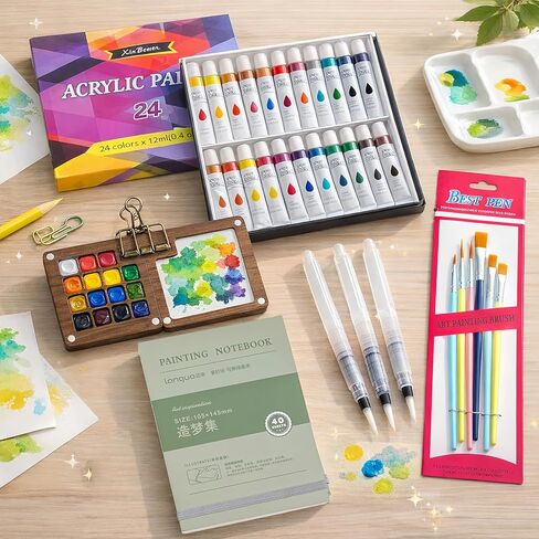 مجموعة طلاء مائية صغيرة محمولة - مجموعة مدمجة مناسبة للسفر مع فرش ألوان مائية، لوحة ألوان مائية، دفتر رسم صغير، وورق ألوان مائية للفنانين والمبتدئين وعشاق السفر in Kuwait