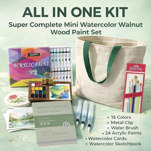 مجموعة طلاء مائية صغيرة محمولة - مجموعة مدمجة مناسبة للسفر مع فرش ألوان مائية، لوحة ألوان مائية، دفتر رسم صغير، وورق ألوان مائية للفنانين والمبتدئين وعشاق السفر in Kuwait