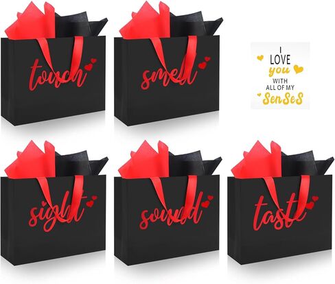 Epoesch 5 Senses Gift Bags for Him With Labels - Includes Tissue Paper & Greeting Card, Unique Birthday, Valentine‘S Day, Anniversary, Wedding Gifts for Boyfriend, Bf or Husband (Black with red lettering) in Saudi Arabia