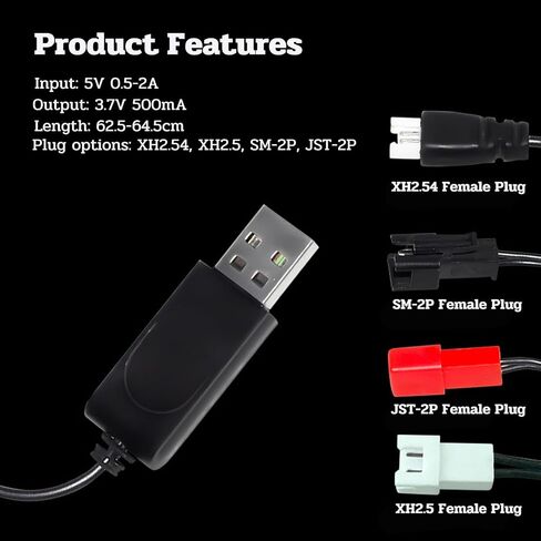 قطعتان من كابل شاحن ليبو USB 3.7 فولت مع موصل قابس SM-2P لألعاب RC، متوافق مع شاحنة التحكم عن بعد في سيارة RC وشاحن بطارية ليثيوم أيون كوادكوبتر (3.7 فولت JST-2P) in Saudi Arabia