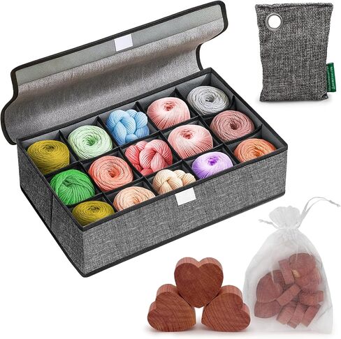 yarn storage organizer box with lid, 15-cell foldable crochet kit and knitting yarn holder, closet storage bin, gifts for crocheters lovers, crochet accessories storage in Saudi Arabia