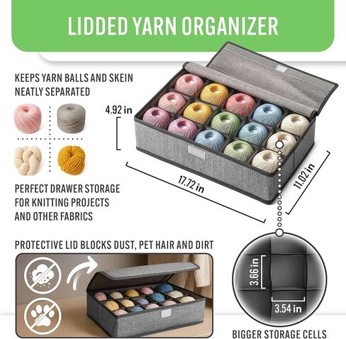 yarn storage organizer box with lid, 15-cell foldable crochet kit and knitting yarn holder, closet storage bin, gifts for crocheters lovers, crochet accessories storage in Saudi Arabia
