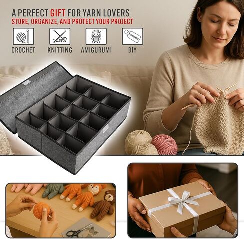 yarn storage organizer box with lid, 15-cell foldable crochet kit and knitting yarn holder, closet storage bin, gifts for crocheters lovers, crochet accessories storage in Saudi Arabia