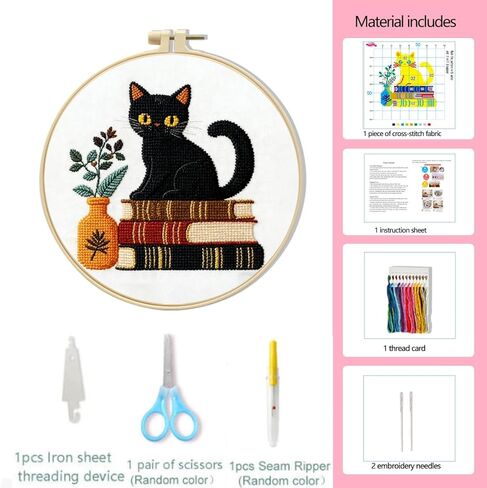 LSLFQYQSK Beginners Embroidery Kits - Cute Kitten DIY Cross Stitch Kits,Including,Stamped Flower Patterns,Hoop,Color Threads,Tools (Style C) in Saudi Arabia