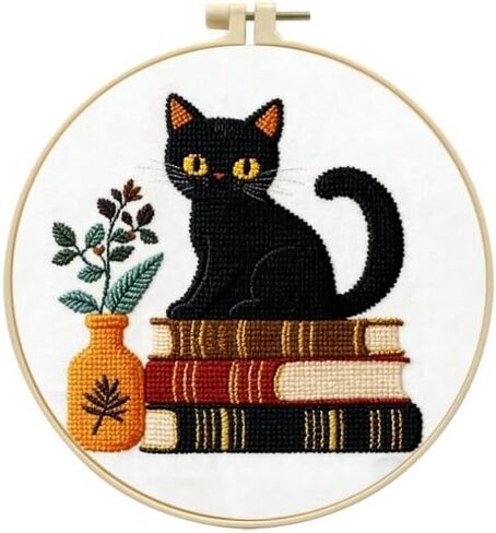 LSLFQYQSK Beginners Embroidery Kits - Cute Kitten DIY Cross Stitch Kits,Including,Stamped Flower Patterns,Hoop,Color Threads,Tools (Style C) in Saudi Arabia