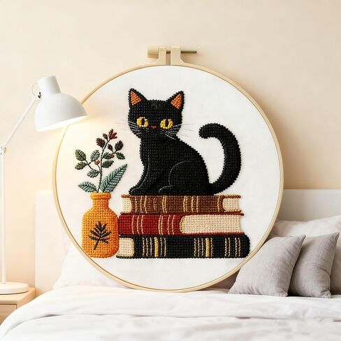 LSLFQYQSK Beginners Embroidery Kits - Cute Kitten DIY Cross Stitch Kits,Including,Stamped Flower Patterns,Hoop,Color Threads,Tools (Style C) in Saudi Arabia