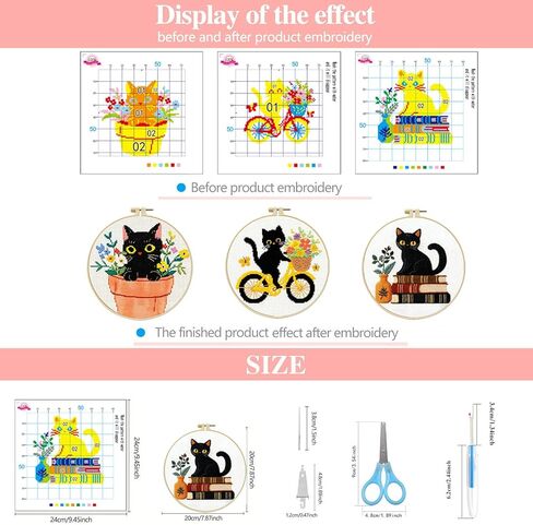 LSLFQYQSK Beginners Embroidery Kits - Cute Kitten DIY Cross Stitch Kits,Including,Stamped Flower Patterns,Hoop,Color Threads,Tools (Style C) in Saudi Arabia