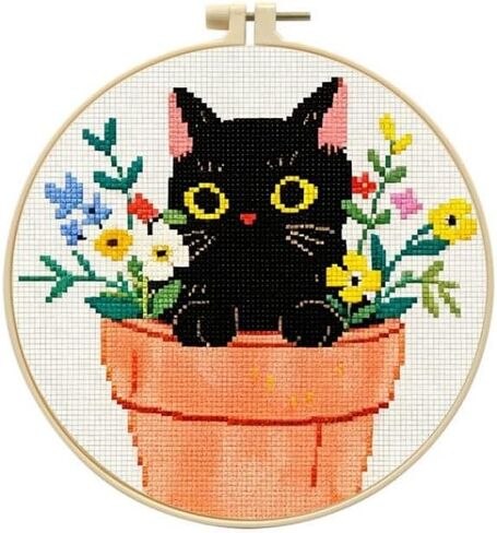 LSLFQYQSK Beginners Embroidery Kits - Cute Kitten DIY Cross Stitch Kits,Including,Stamped Flower Patterns,Hoop,Color Threads,Tools (Style C) in Saudi Arabia