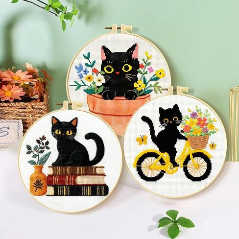 LSLFQYQSK Beginners Embroidery Kits - Cute Kitten DIY Cross Stitch Kits,Including,Stamped Flower Patterns,Hoop,Color Threads,Tools (Style C) in Saudi Arabia